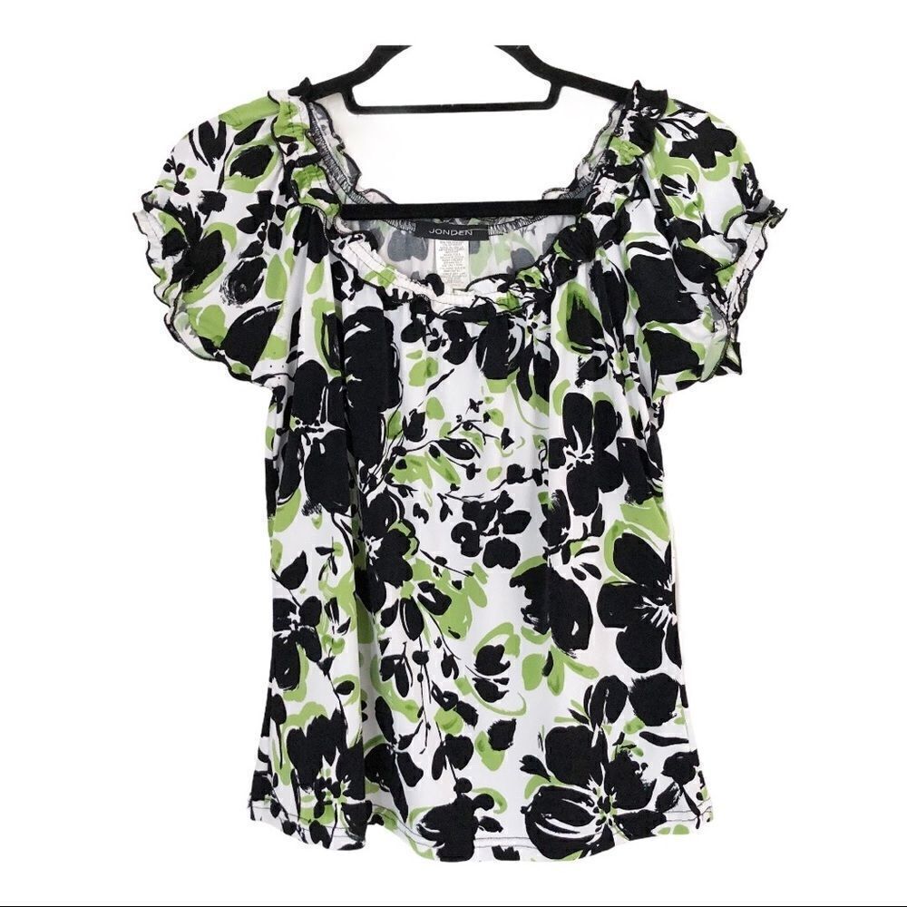 Jondon Black/Green Short Sleeve Floral Blouse Size Small‎